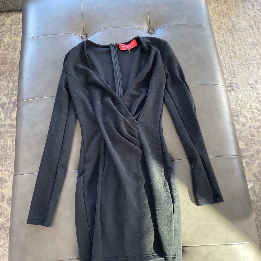 Black v-neck mini dress with ruching